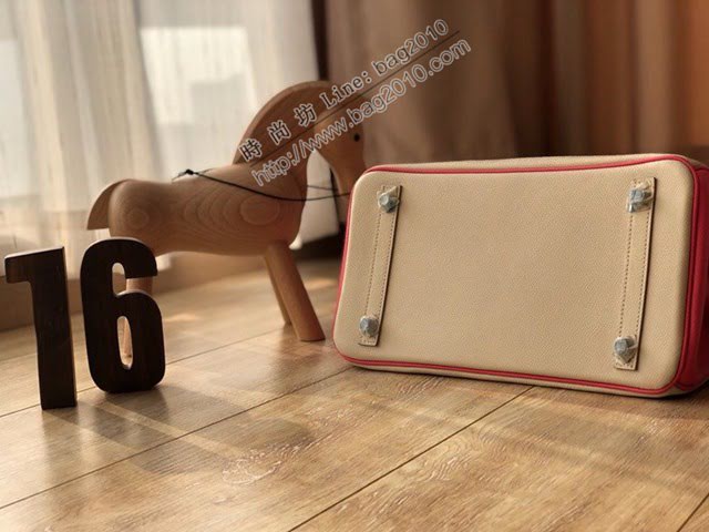Hermes女包 愛馬仕經典款Birkin包 奶昔白拼唇膏粉 銀扣 Hermes鉑金拼色手提女包  am2058